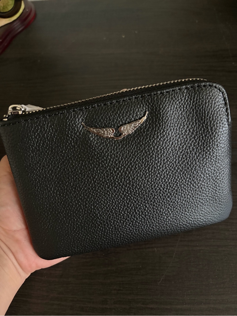 Zadig & Voltaire Black Pebbled Zip Pouch with Silver Wing Detail